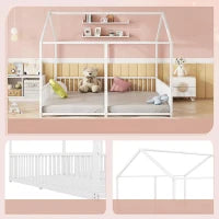 Letto per bambini 4+ anni in metallo 90×200 cm, forma di casa, con sponda di sicurezza, senza materasso, Bianco