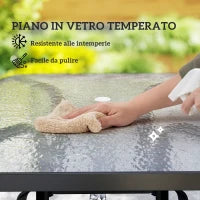 Tavolo da Giardino Quadrato a 4 Posti con Piano in Vetro e Foro per Ombrellone Ø54 mm, Nero