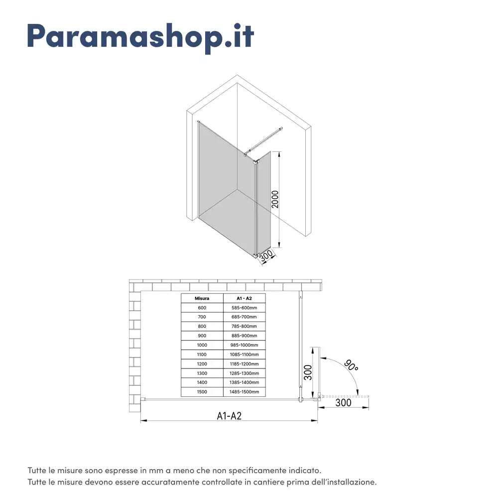 Doccia walk-in 120cm + anta 30cm vetro 8mm trasparente profili neri | Keros
