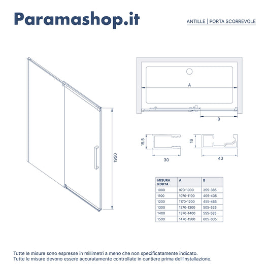 Porta doccia 110cm apertura scorrevole profili nero opaco vetro 8mm h195 | Antille