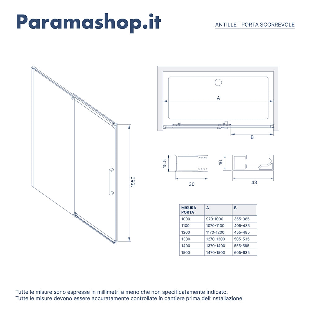 Porta doccia 110cm apertura scorrevole profili cromo vetro 8mm h195 | Antille