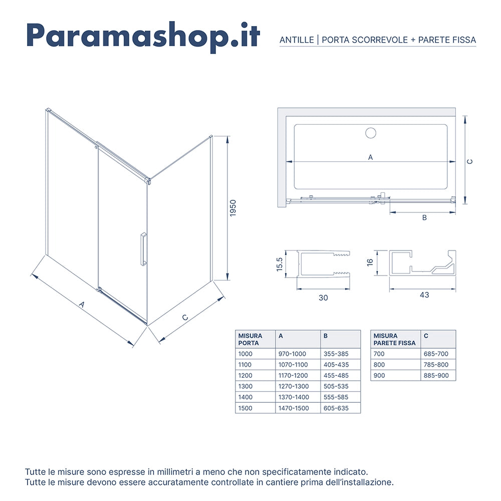 Box doccia 70x110 cm scorrevole vetro 8mm trasparente profili nero opaco h195cm | Antille