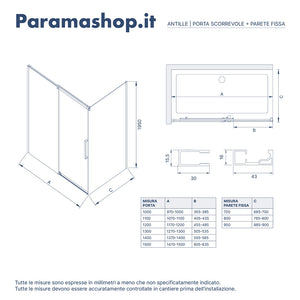 Box doccia 70x110 cm scorrevole vetro 8mm trasparente profili nero opaco h195cm | Antille