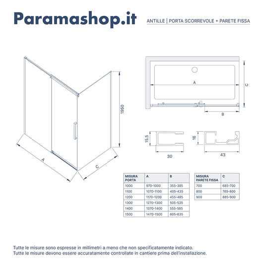 Box doccia 70x150 cm scorrevole vetro 8mm trasparente profili nero opaco h195cm | Antille