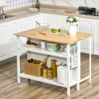 Isola Cucina con Piano di Lavoro Pieghevole e 2 Ripiani in Legno e Acciaio, 120x76x91.5cm, Bianco