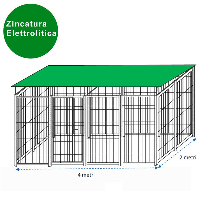 Recinto per cani da 4x2 metri modulare in rete con copertura zincatura elettrolitica