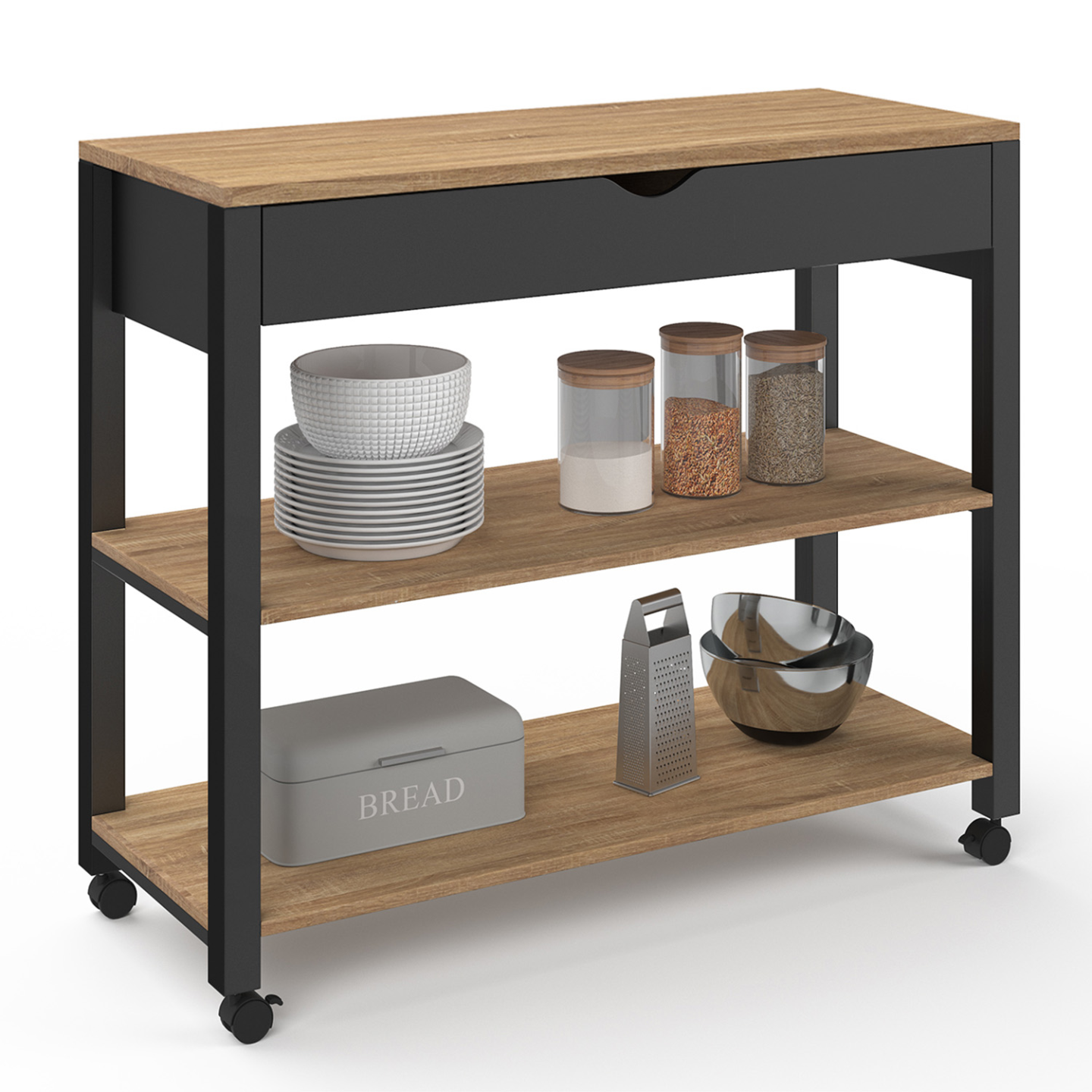 IDMarket - Aparador de cocina con encimera negra y bandejas de haya