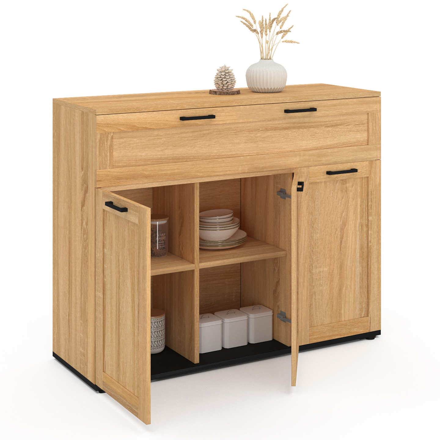 IDMarket - Aparador VITO con 3 puertas y 1 cajón, efecto haya, tiradores negros 100 cm