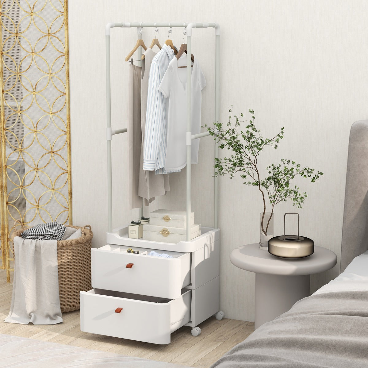 Appendiabiti con 2 cassetti e ruote bloccabili, Robusto appendino con barra per appendere e ripiani di stoccaggio Bianco-Appendiabiti
