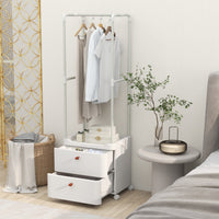 Appendiabiti con 2 cassetti e ruote bloccabili, Robusto appendino con barra per appendere e ripiani di stoccaggio Bianco-Appendiabiti