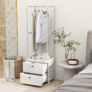 Appendiabiti con 2 cassetti e ruote bloccabili, Robusto appendino con barra per appendere e ripiani di stoccaggio Bianco-Appendiabiti