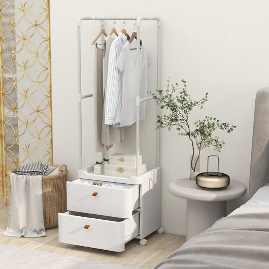Appendiabiti con 2 cassetti e ruote bloccabili, Robusto appendino con barra per appendere e ripiani di stoccaggio Bianco-Appendiabiti