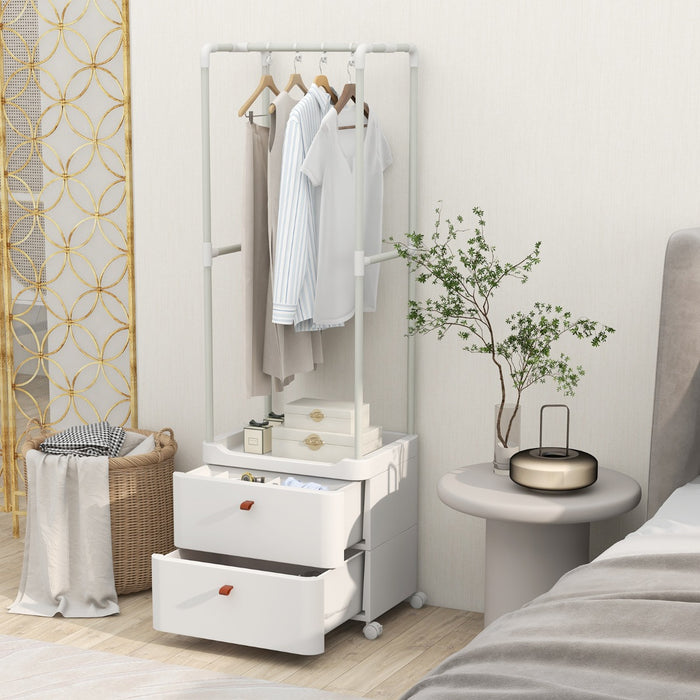 Appendiabiti con 2 cassetti e ruote bloccabili, Robusto appendino con barra per appendere e ripiani di stoccaggio Bianco-Appendiabiti