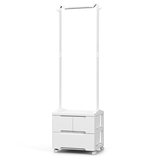 Appendiabiti con cassetti ganci laterali e barra per appendere, Appendino girevole autoportante per soggiorno Bianco-Appendiabiti