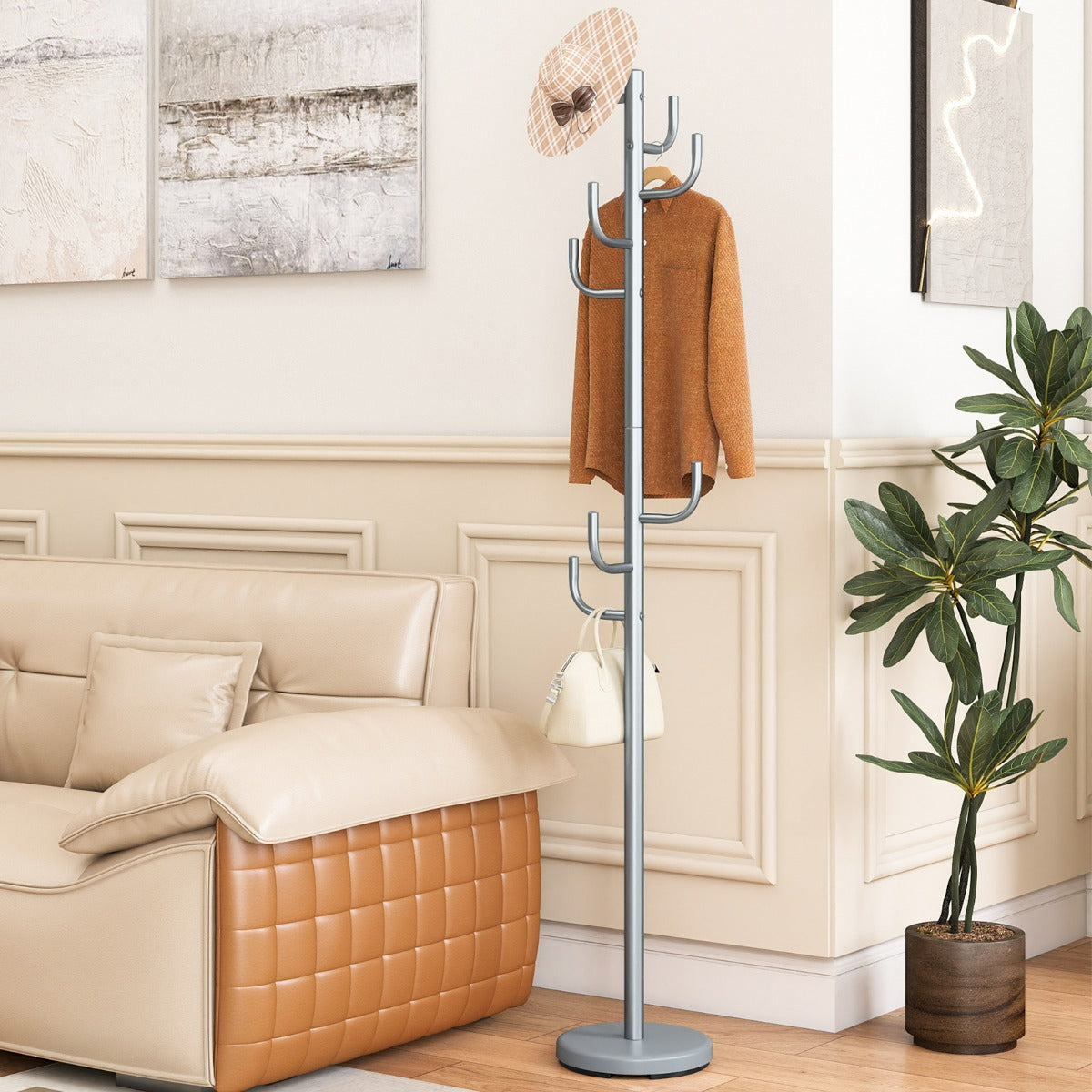 Stand cactus con 8 ganci con base ponderata e ganci curvati in metallo robusto, Appendiabiti con 2 opzioni di altezza Argento-Appendiabiti