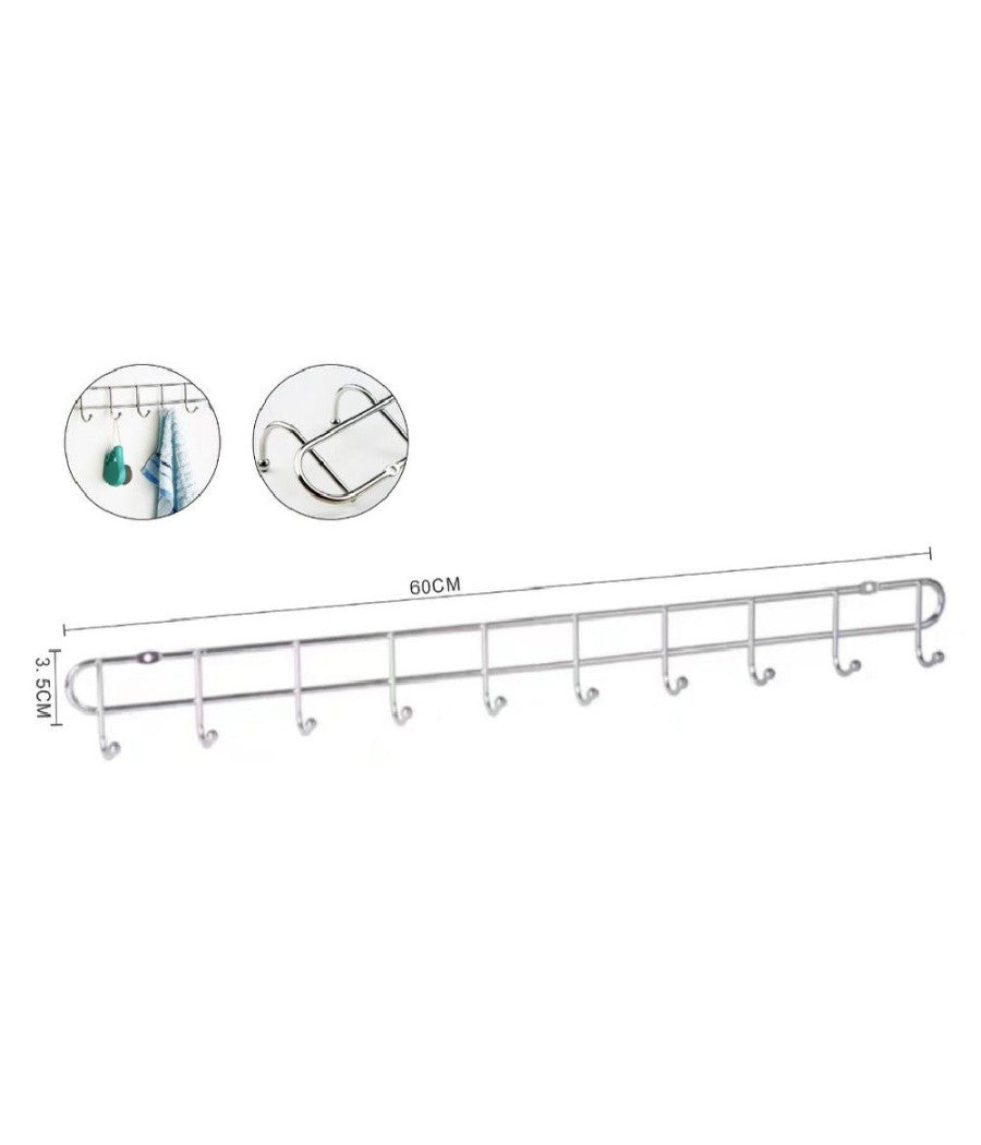 Appendiabiti A 10 Ganci Posti Attaccapanni A Parete 60x3,5 Cm Bagno Cucina 58026         