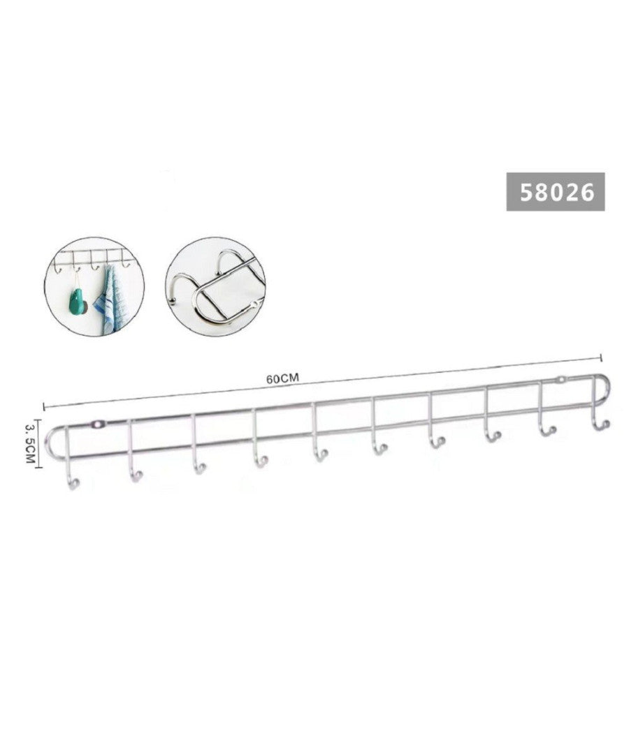 Appendiabiti A 10 Ganci Posti Attaccapanni A Parete 60x3,5 Cm Bagno Cucina 58026         