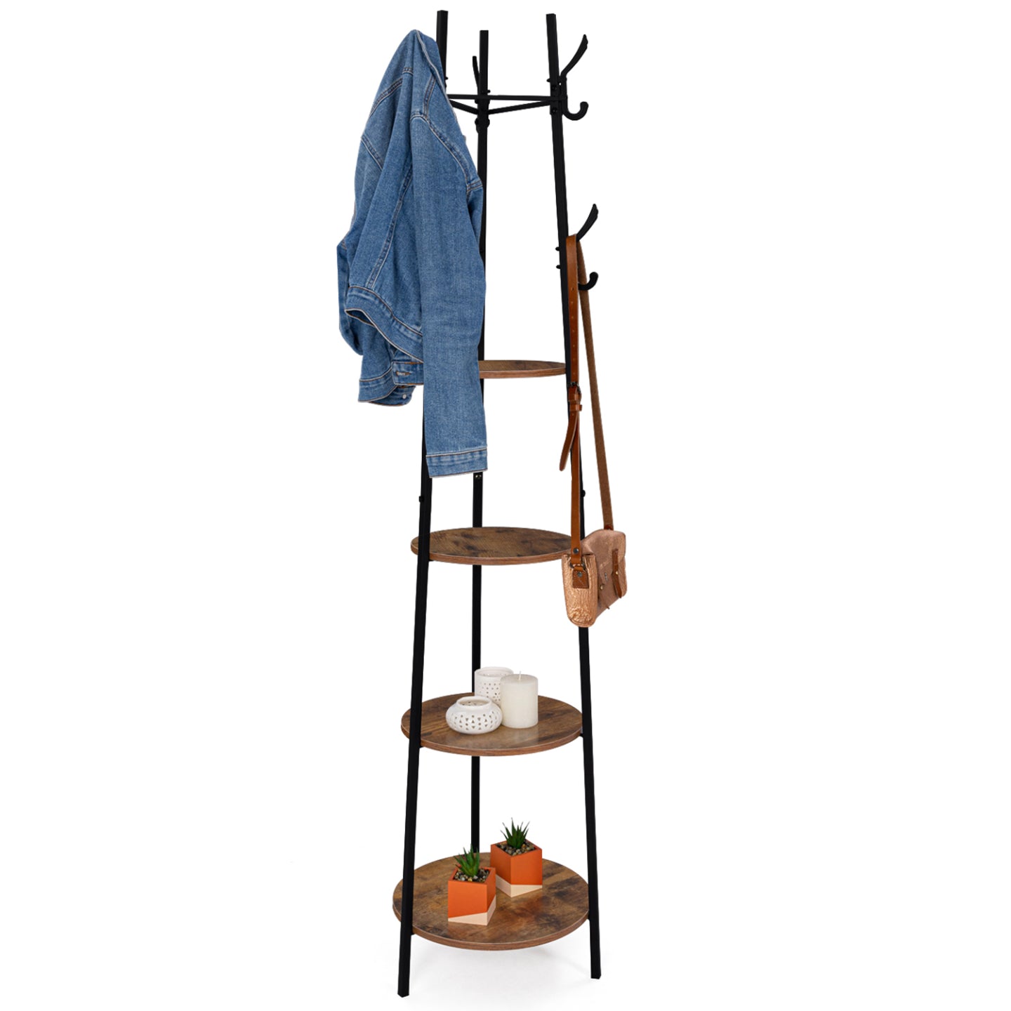 IDMarket - Appendiabiti a treppiede con ripiani rotondi e 6 ganci di design industriale TONIO