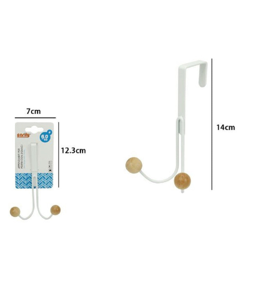Trade Shop - Appendiabiti Appendino Da Porta Metallo Bianco Palline Legno 2 Ganci Posti 79552 -