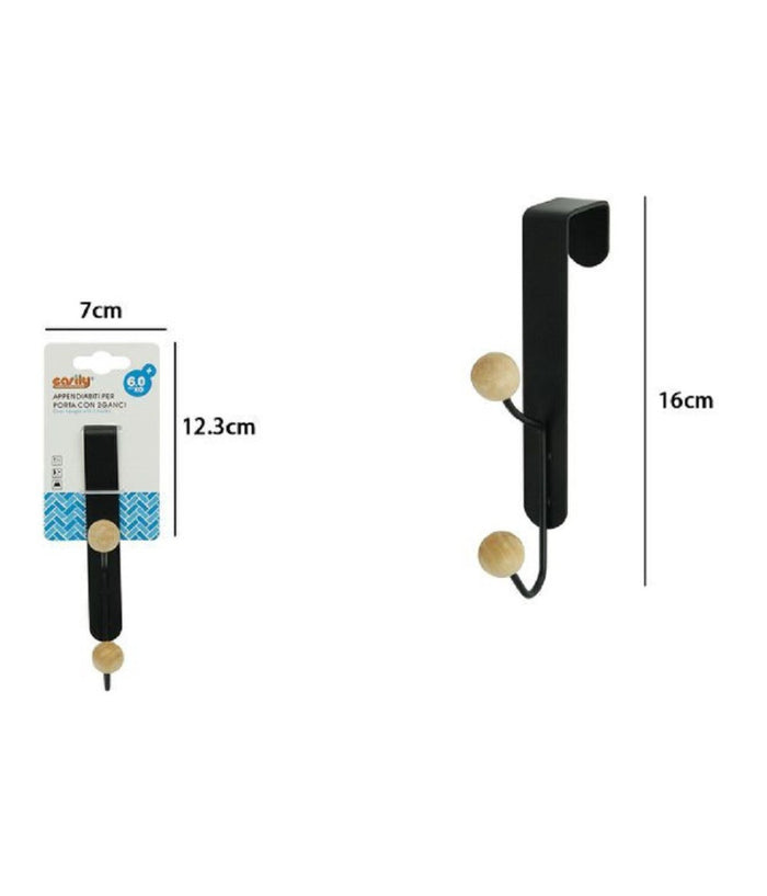 Appendiabiti Appendino Da Porta Metallo Nero Palline Legno 2 Posti Ganci 79558         