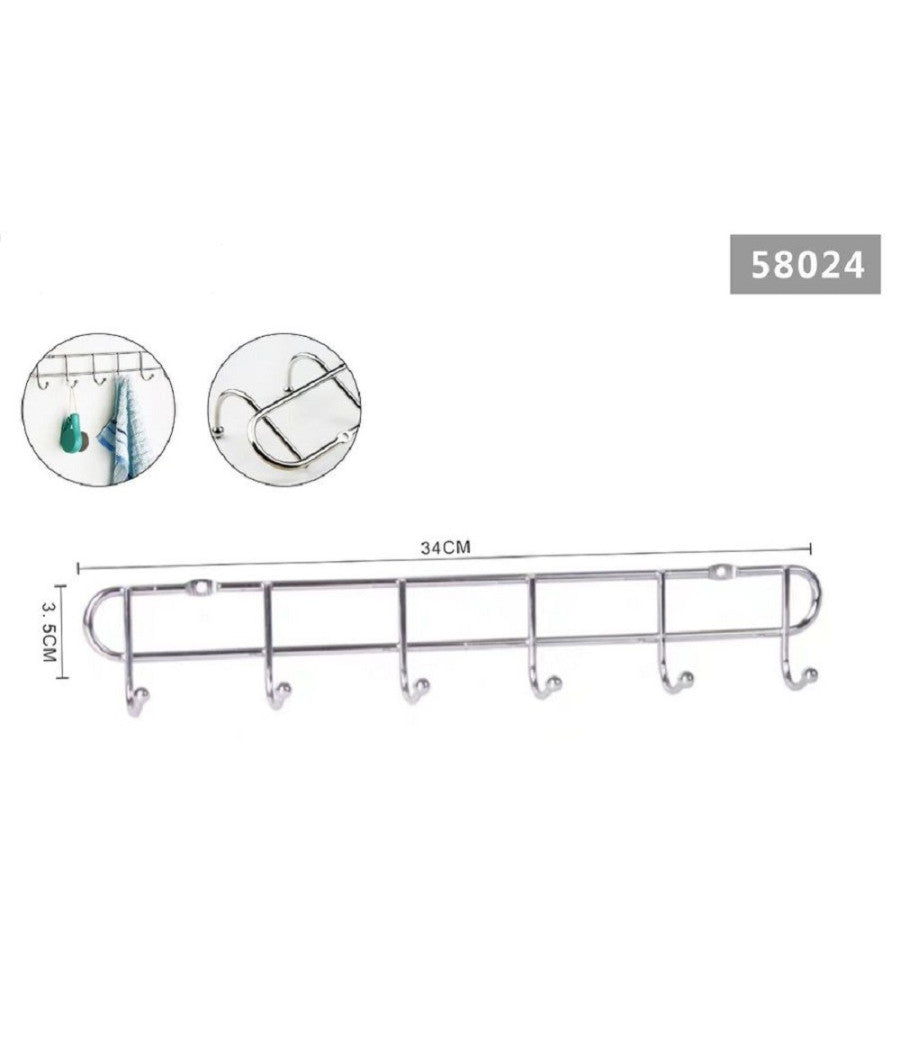 Appendiabiti Attaccapanni Vestiti A Parete Muro A 6 Posti Ganci 34x3,5cm 58024         