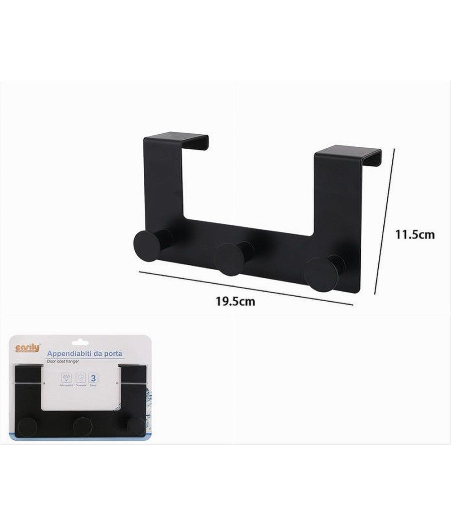 Appendiabiti Da Porta Con 3 Ganci 19.5x11.5cm Nero Per Asciugamani Vestiti 87776         