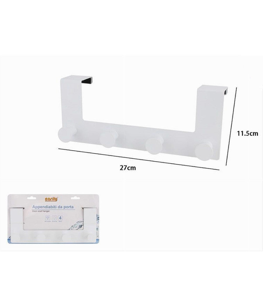 Appendiabiti Da Porta Con 4 Ganci 27x11.5cm Bianco Per Asciugamani Vestiti 87781         