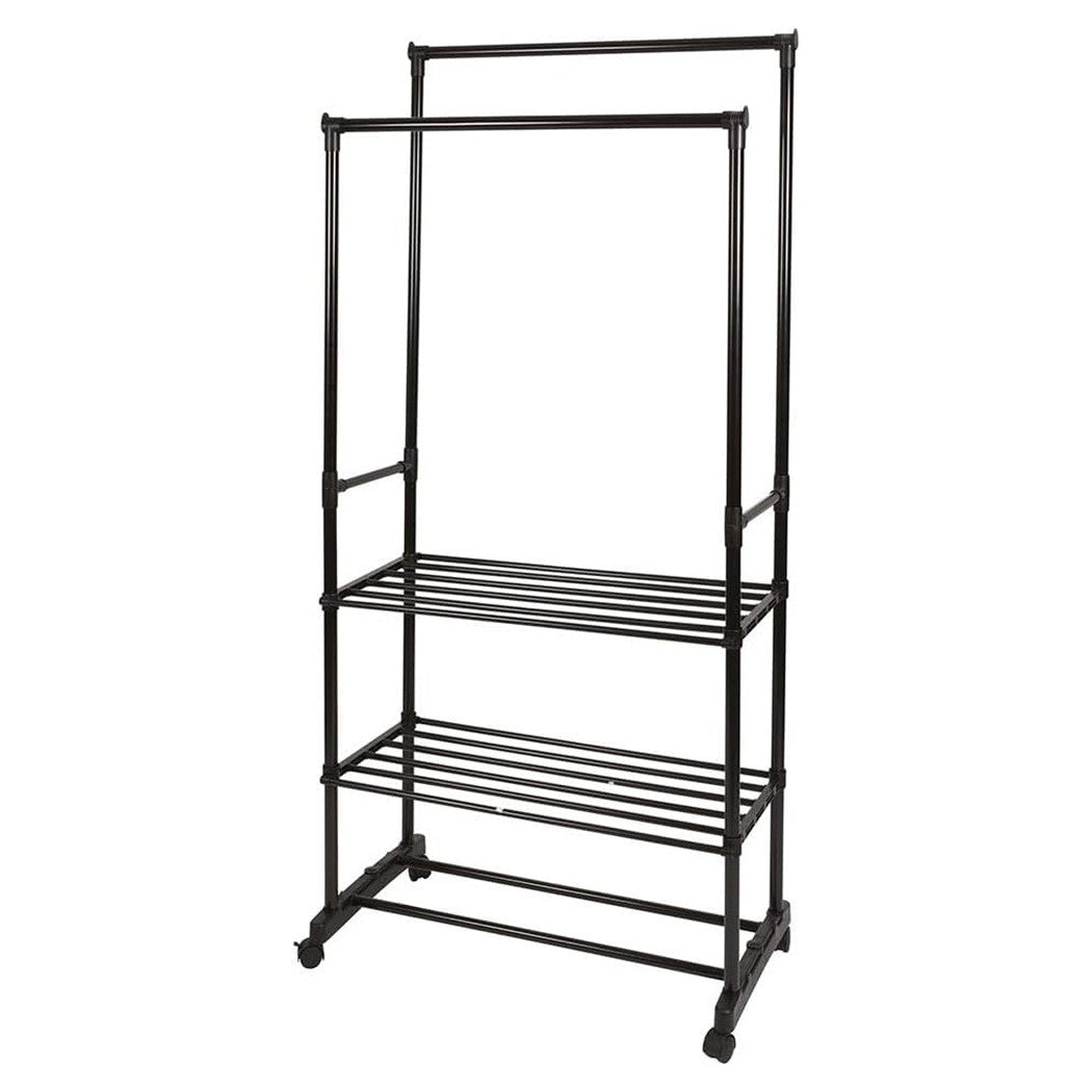 Trade Shop - Appendiabiti Multistand Armadio In Metallo Altezza Regolabile 2 Aste 4 Ruote 3 Ripiani -