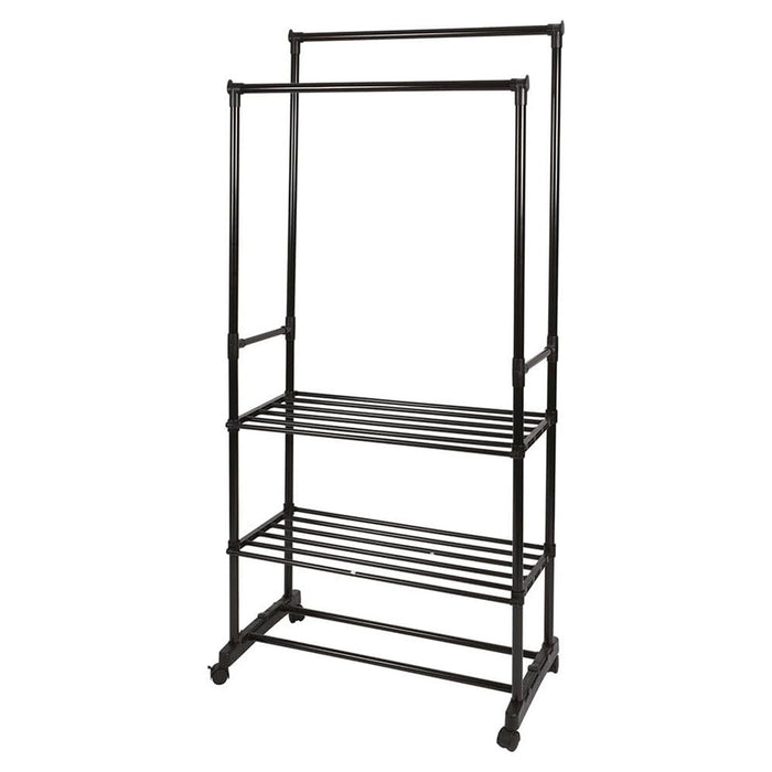 Trade Shop - Appendiabiti Multistand Armadio In Metallo Altezza Regolabile 2 Aste 4 Ruote 3 Ripiani -