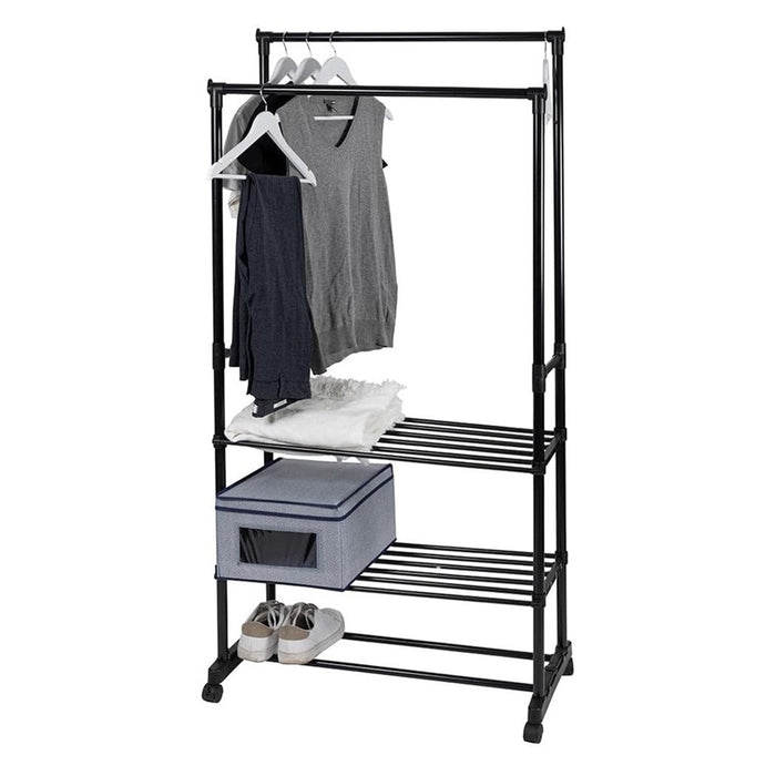 Trade Shop - Appendiabiti Multistand Armadio In Metallo Altezza Regolabile 2 Aste 4 Ruote 3 Ripiani -