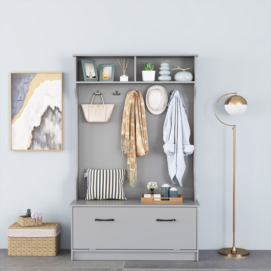 Armadio con appendiabiti multifunzionale con panca 5 ganci doppi, Organizzatore indipendente per ingresso Grigio-Appendiabiti