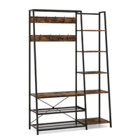 Appendiabiti con ripiani 9 ganci 5 ripiani laterali e 2 ripiani in rete, Scaffale d'ingresso 5-in-1 in metallo Marrone-Appendiabiti