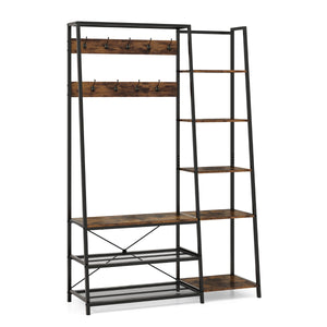 Appendiabiti con ripiani 9 ganci 5 ripiani laterali e 2 ripiani in rete, Scaffale d'ingresso 5-in-1 in metallo Marrone-Appendiabiti