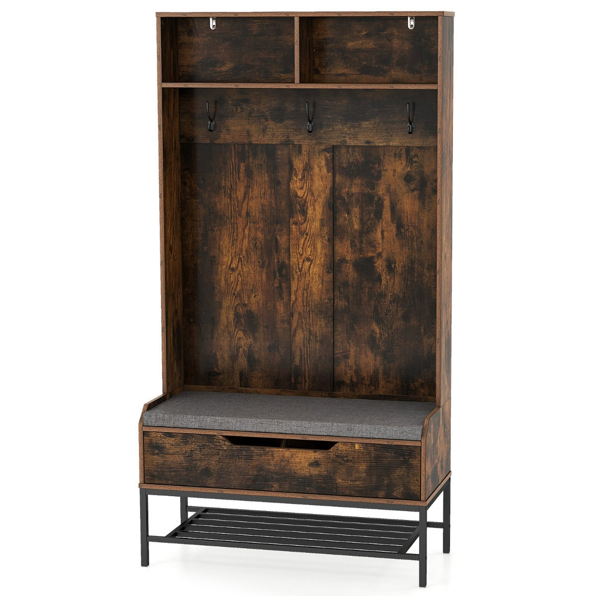 Appendiabiti da ingresso con cuscino per seduta e scomparti aperti, Appendiabiti 4-in-1 con stoccaggio per scarpe Marrone-Appendiabiti