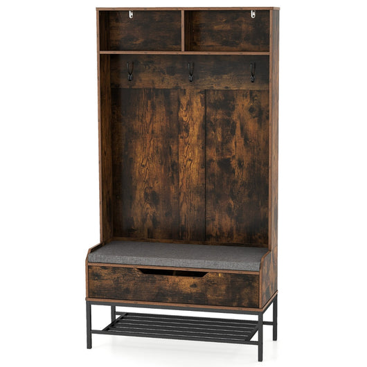 Appendiabiti da ingresso con cuscino per seduta e scomparti aperti, Appendiabiti 4-in-1 con stoccaggio per scarpe Marrone-Appendiabiti