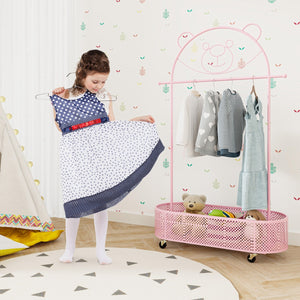 Appendiabiti per bambini con 3 altezze regolabiliasta e cesto portaoggetti in ferro, Supporto per abiti su ruote Rosa-Appendiabiti
