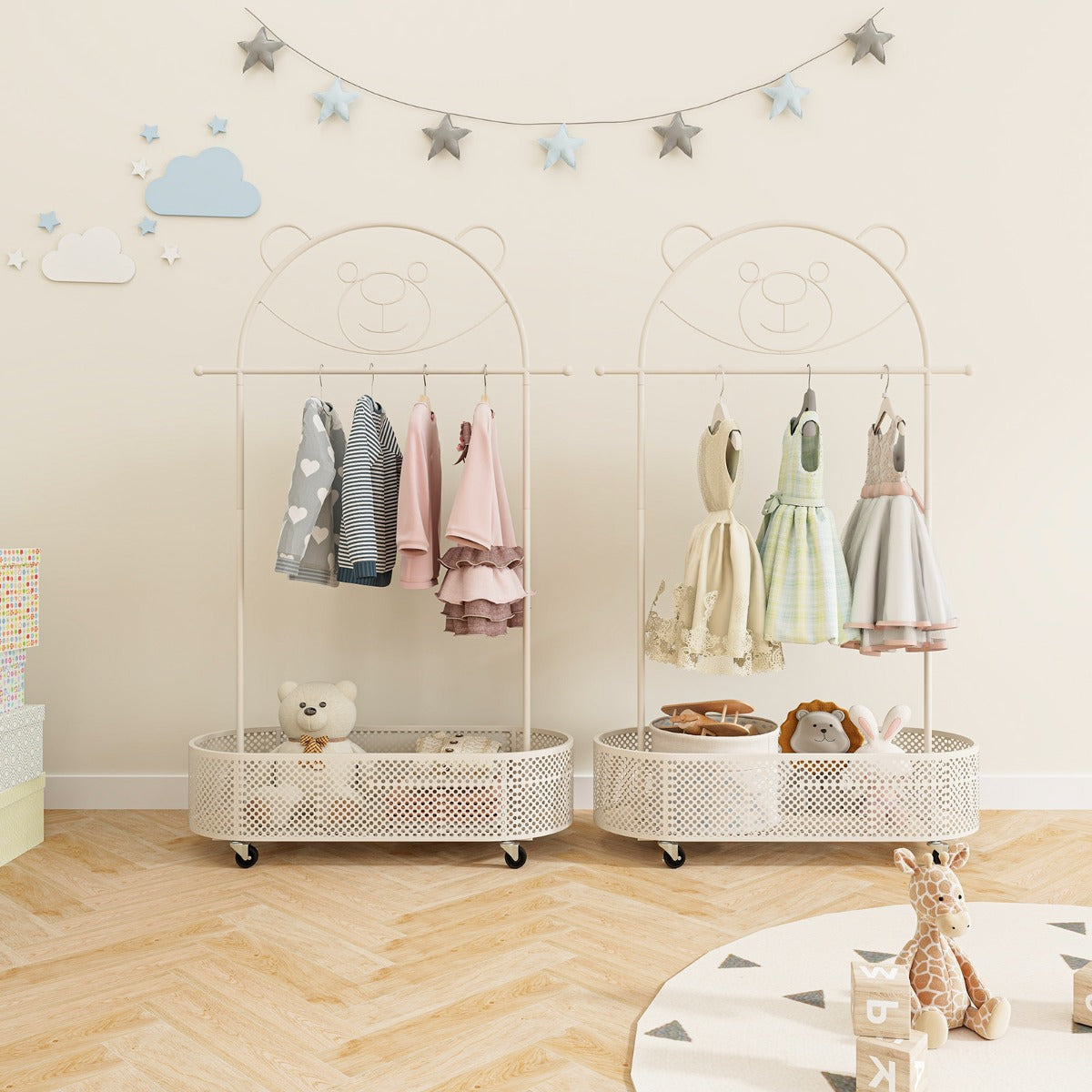 Appendiabiti per bambini con 3 altezze regolabiliasta e cesto portaoggetti in ferro, Supporto per abiti su ruote Bianco-Appendiabiti