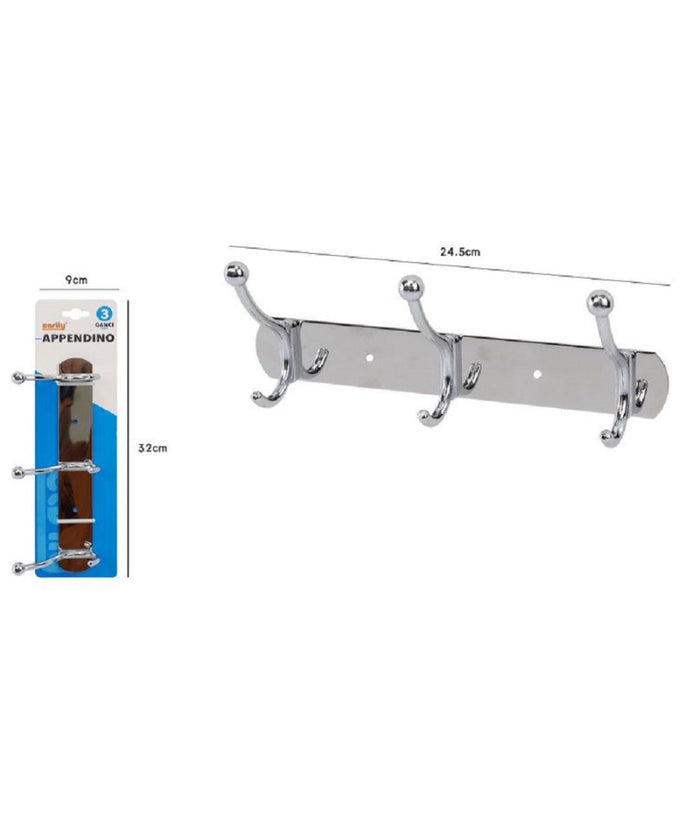 Appendino Appendi Abiti Multiuso Con 3 Ganci Finitura Cromo Lucido 24,5 Cm 52670         