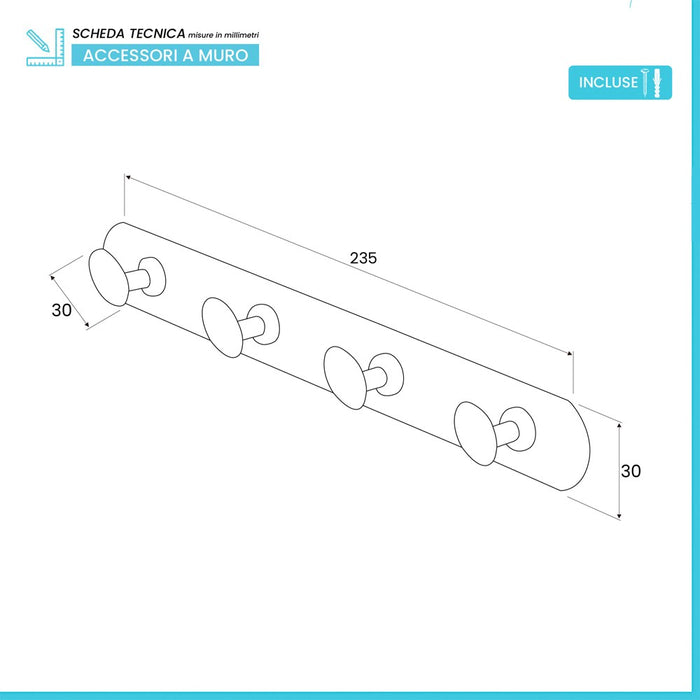 Appendino bagno a muro 4 ganci in acciaio cromato Facile