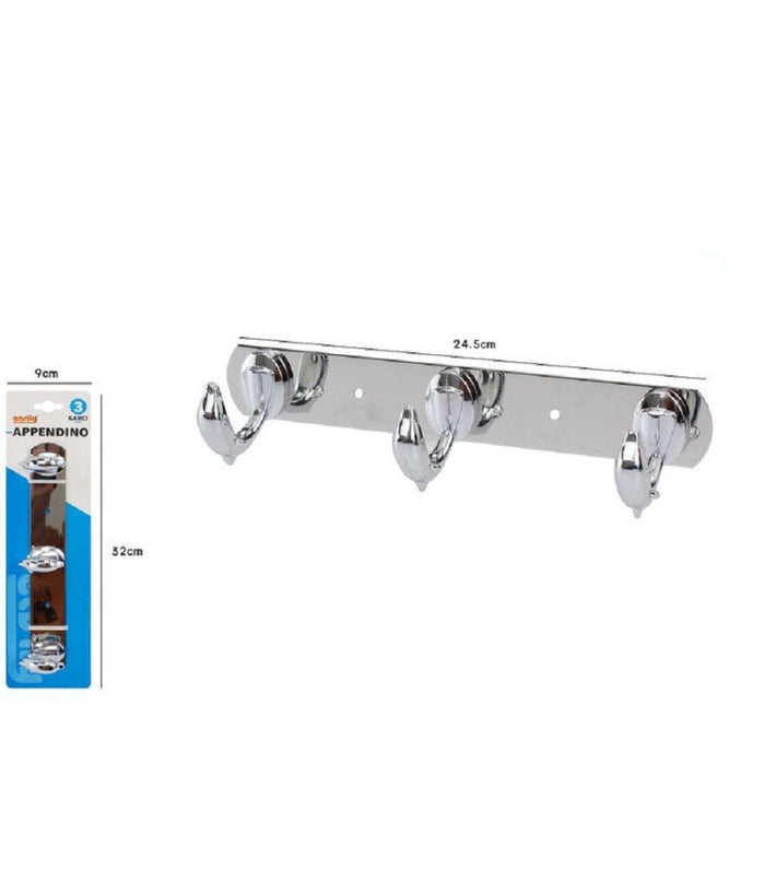 Appendino Con 3 Ganci A Delfino Parete Multiuso Acciaio Viti 24.5 Cm 52179         
