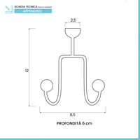 Appendino con doppio gancio in acciaio cromato e pomelli bianchi
