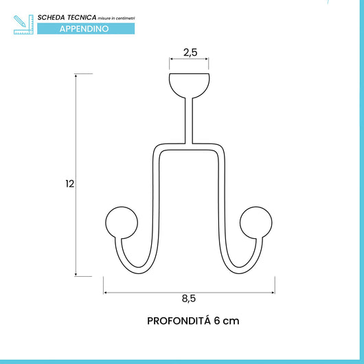 Appendino con doppio gancio in acciaio cromato e pomelli bianchi