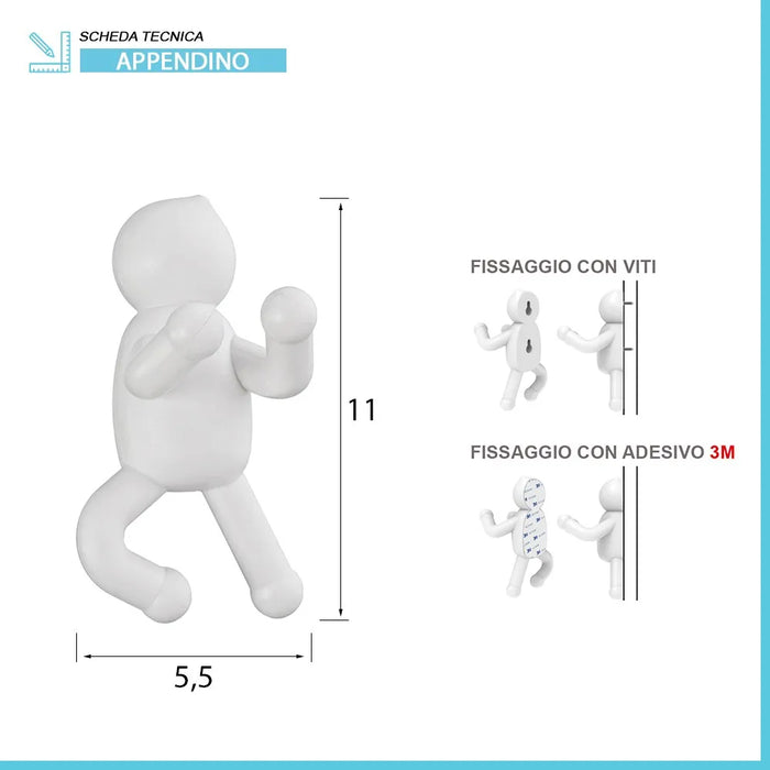 Appendino da muro in ABS bianco con doppia modalità di fissaggio  Bruce