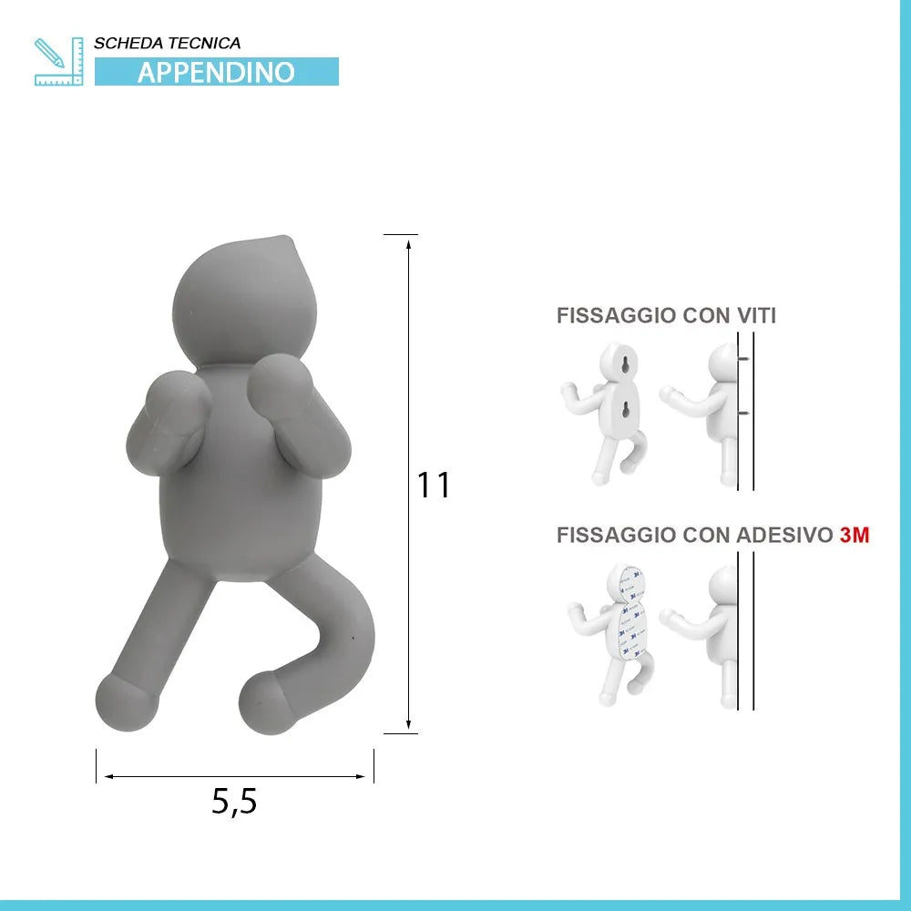 Appendino da muro in ABS grigio con doppia modalità di fissaggio  Bruce