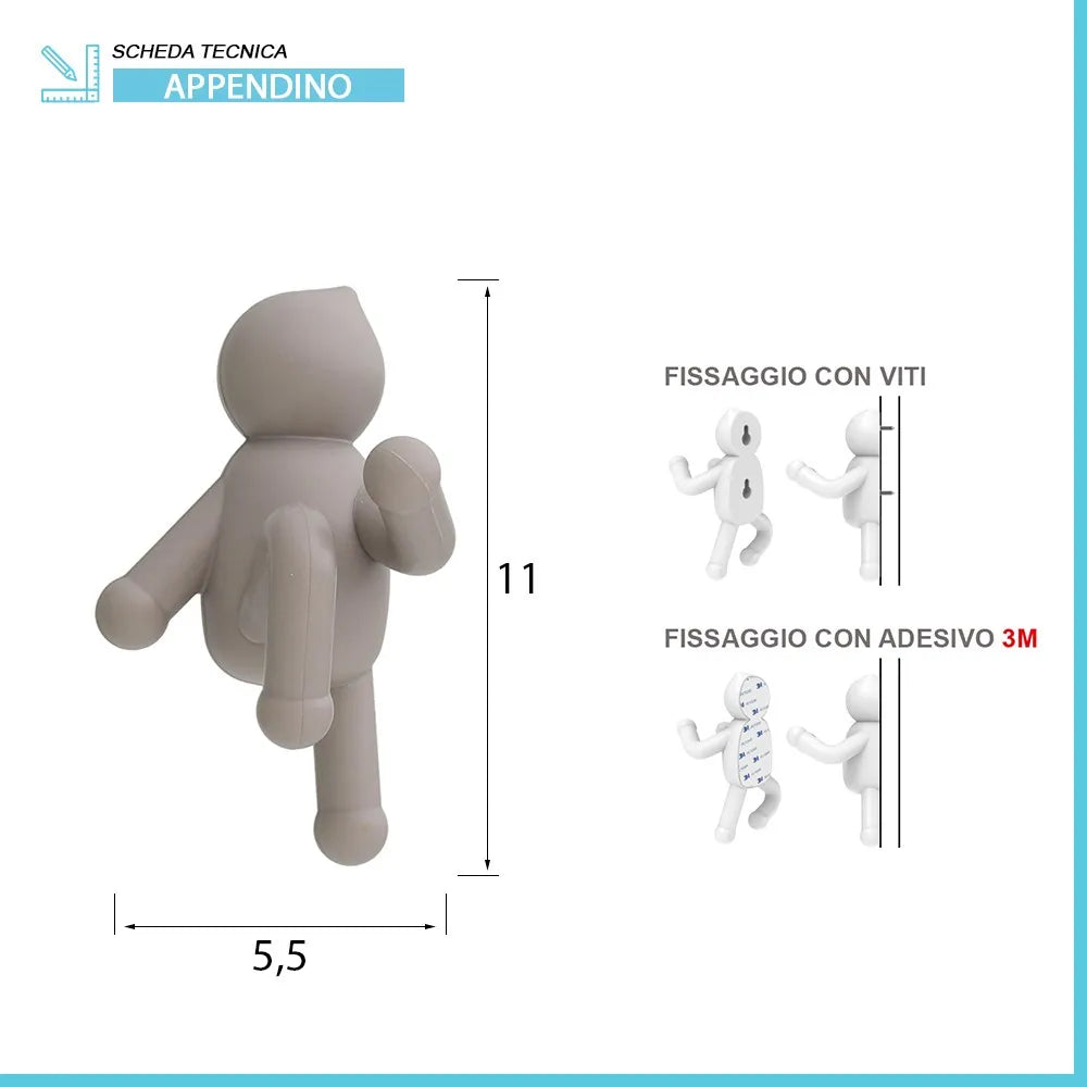 Appendino da muro in ABS tortora con due modalità di fissaggio | Bruce