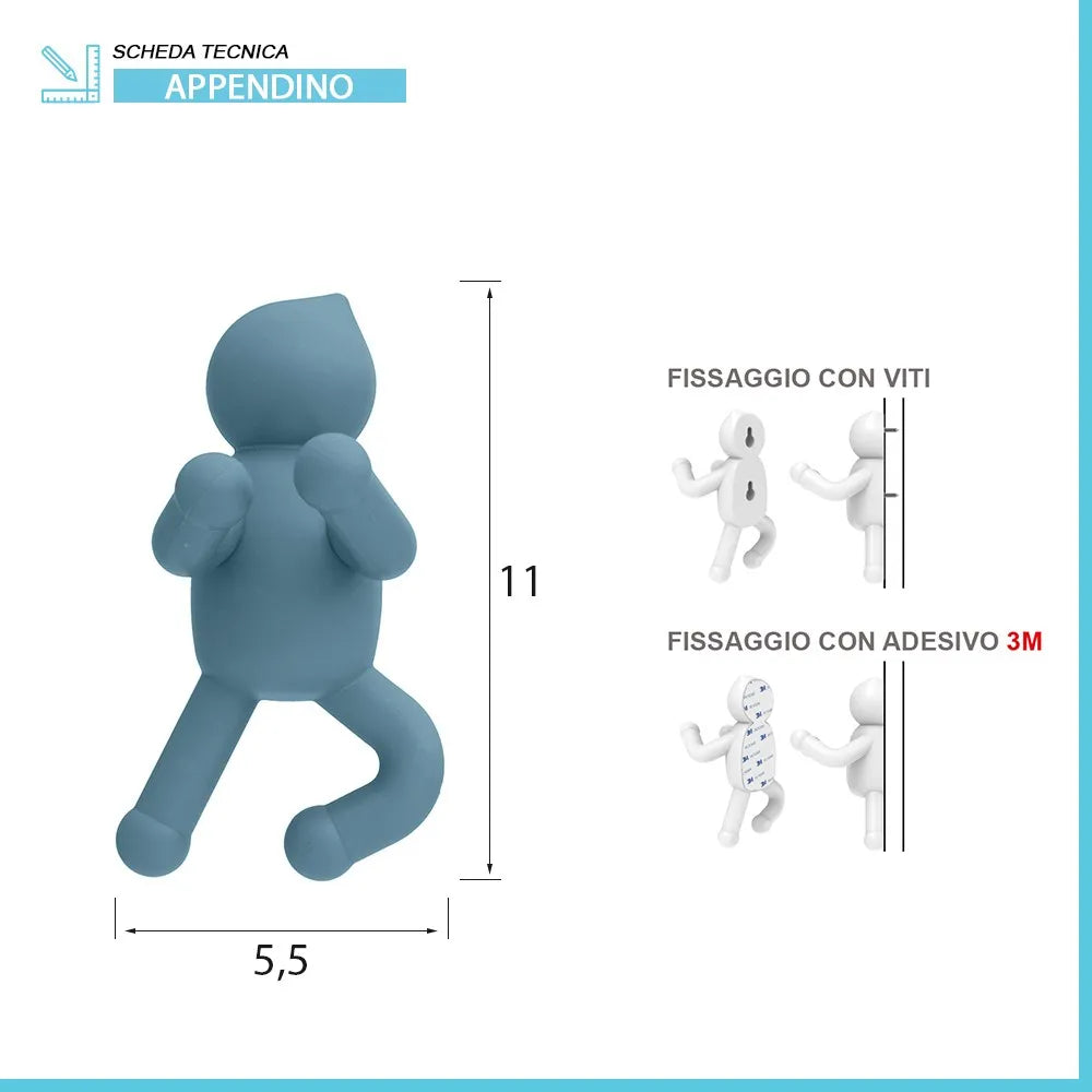 Appendino da muro in ABS turchese con due modalità di fissaggio  Bruce