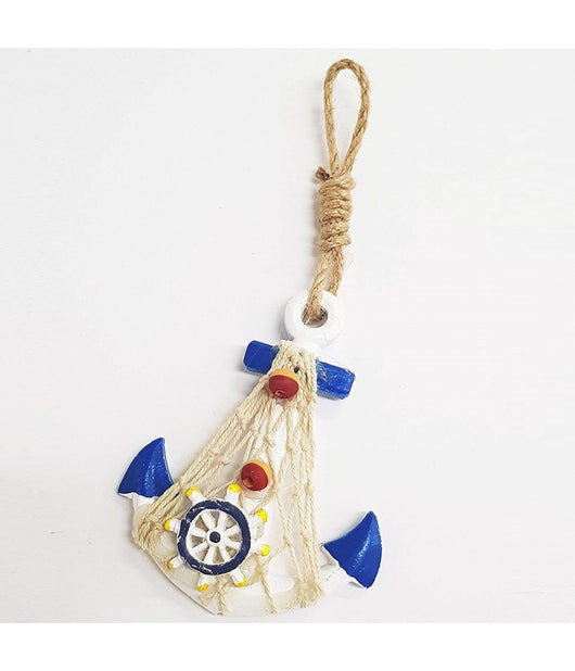Appendino Da Parete Ancora Timone Rete Blu Bianco Shabby Marino Decorazione         