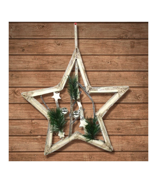 Appendino Forma Stella In Legno Con Rami E Palline 42cm Bianco Decoro Natalizio         