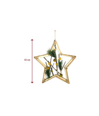 Appendino Forma Stella In Legno Rami E Palline 42cm Oro Decorazione Natale         