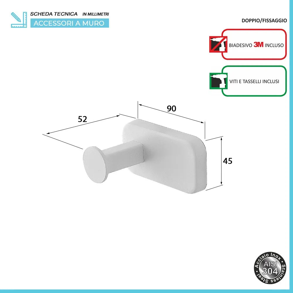 Appendino portasciugamani in acciaio inox bianco con doppio fissaggio